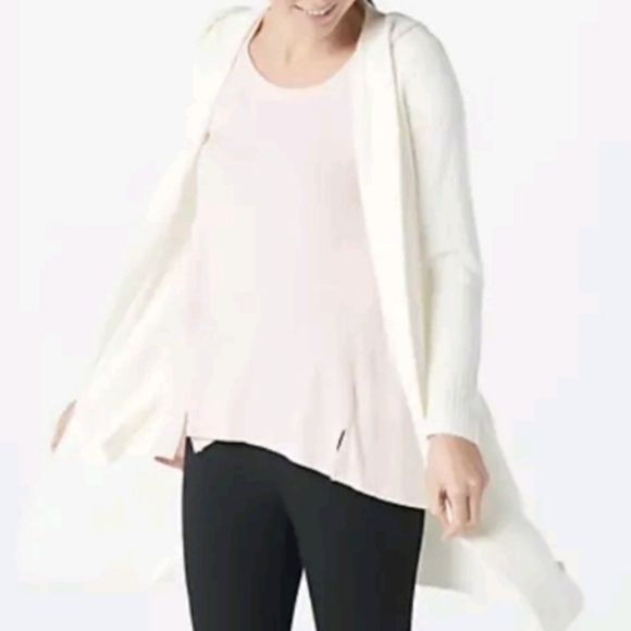 Barefoot Dreams Cozy chic lite knit long line hooded Open Cardigan Pearl Sz M - Picture 1 of 10